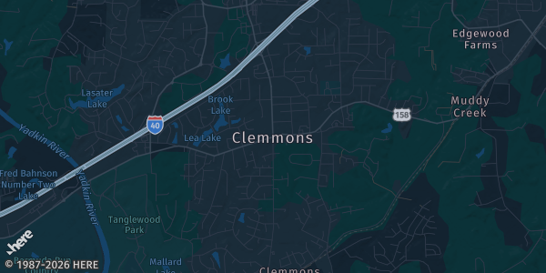 Map of Clemmons, NC. The exact address of Village Inn Hotel and Event Center is not known, so the map shows the area rather than a specific building.