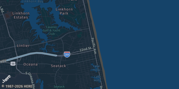Map of Virginia Beach, VA. The exact address of Dave & Buster's is not known, so the map shows the area rather than a specific building.