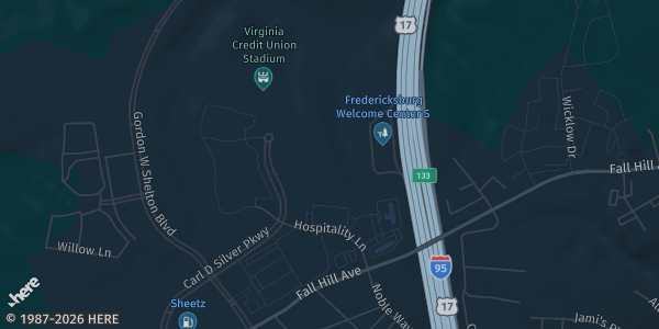 Map showing Fredericksburg Expo & Conference Center in Fredericksburg, VA.