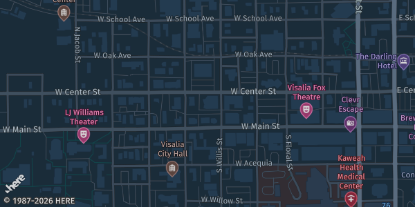 Map showing Veterans Memorial Building in Visalia, CA.