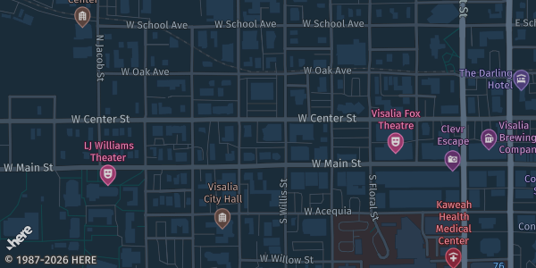 Map showing Veterans Memorial Hall in Visalia, CA.