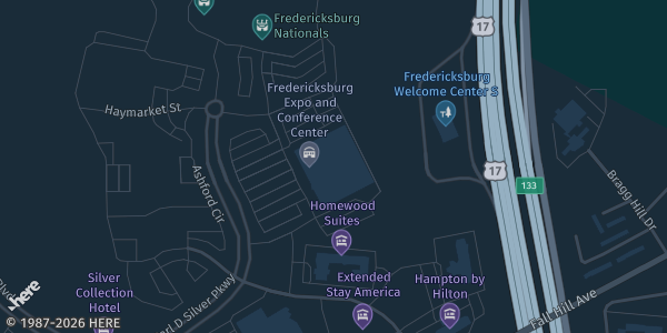 Map showing Fredericksburg Convention Center in VA.
