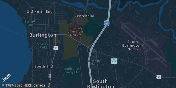 Map of Burlington, VT. The exact address of Sports Cards & Pokemon/TCG; Double Tree Convention Center is not known, so the map shows the area rather than a specific building.