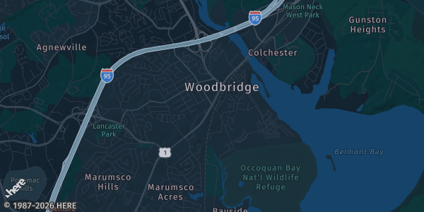 Map of Woodbridge, VA. The exact address of Harbour View Wedding & Event Venue is not known, so the map shows the area rather than a specific building.