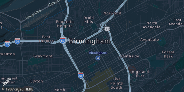 Map of Birmingham, AL. The exact address of Hilton Birmingham Downtown at UAB is not known, so the map shows the area rather than a specific building.