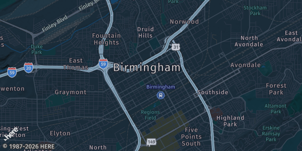 Map of Birmingham, AL. The exact address of Hilton Birmingham Downtown at UAB is not known, so the map shows the area rather than a specific building.
