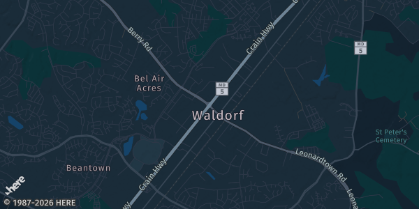 Map of Waldorf, MD. The exact address of Old Waldorf School is not known, so the map shows the area rather than a specific building.