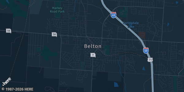 Map of Belton, MO. The exact address of Calvary University - Student Life Center (SLC) is not known, so the map shows the area rather than a specific building.
