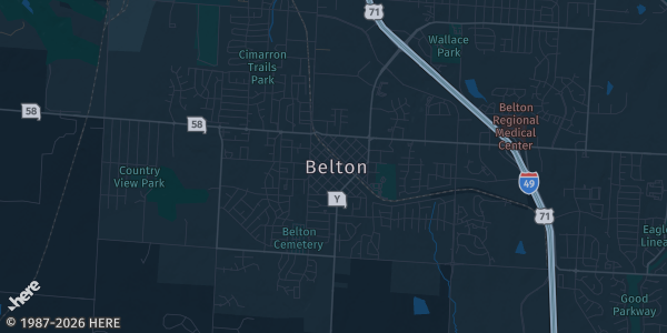 Map of Belton, MO. The exact address of Calvary University - Student Life Center (SLC) is not known, so the map shows the area rather than a specific building.