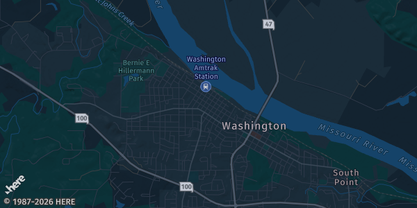 Map of Washington, MO. The exact address of N-Sports Rec Center is not known, so the map shows the area rather than a specific building.