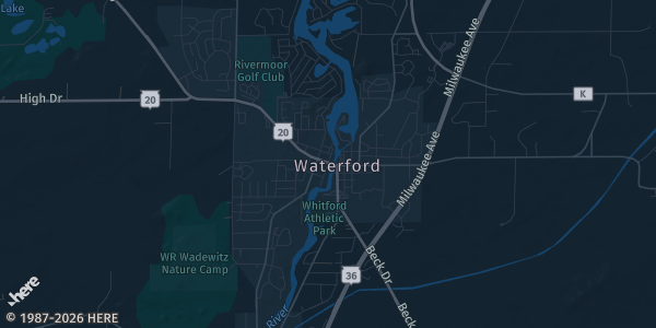 Map of Waterford, WI. The exact address of Waterford Union High School is not known, so the map shows the area rather than a specific building.