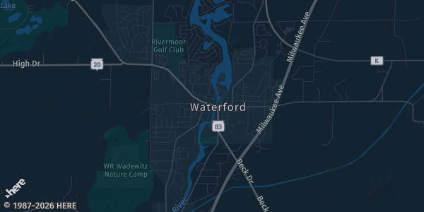 Map of Waterford, WI. The exact address of Waterford Union High School is not known, so the map shows the area rather than a specific building.