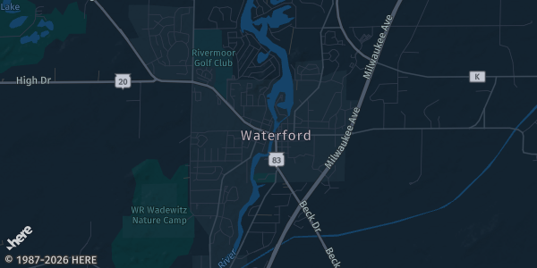 Map of Waterford, WI. The exact address of Waterford Union High School is not known, so the map shows the area rather than a specific building.