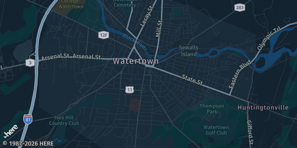 Map of Watertown, NY. The exact address of Falchney Business Complex is not known, so the map shows the area rather than a specific building.