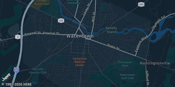 Map of Watertown, NY. The exact address of Falchney Business Complex is not known, so the map shows the area rather than a specific building.