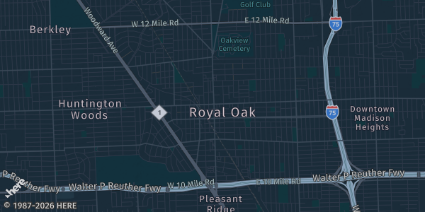 Map of Royal Oak, MI. The exact address of Royal Oaks Elks Hall is not known, so the map shows the area rather than a specific building.