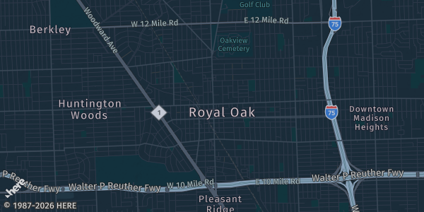 Map of Royal Oak, MI. The exact address of Royal Oaks Elks Hall is not known, so the map shows the area rather than a specific building.