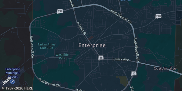 Map of Enterprise, AL. The exact address of Weevil Cards & Collectibles is not known, so the map shows the area rather than a specific building.