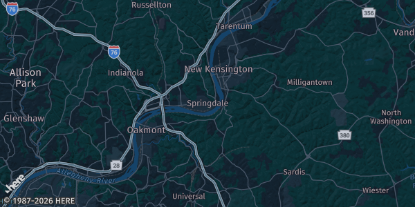 Map of Springdale, PA. The exact address of Syria Shriners Center is not known, so the map shows the area rather than a specific building.