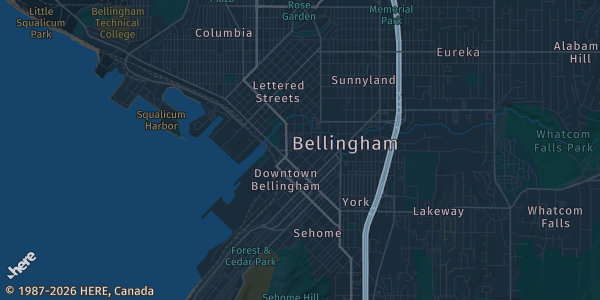 Map of Bellingham, WA. The exact address of Hotel Leo Ballroom is not known, so the map shows the area rather than a specific building.