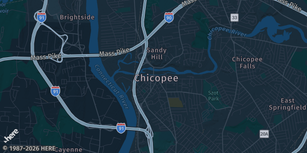 Map of Chicopee, MA. The exact address of Knights of Columbus is not known, so the map shows the area rather than a specific building.