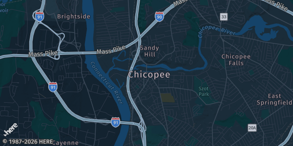 Map of Chicopee, MA. The exact address of Knights of Columbus is not known, so the map shows the area rather than a specific building.