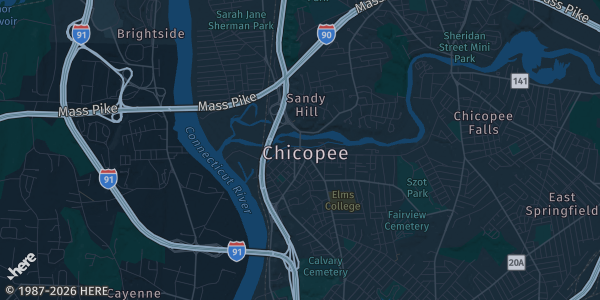 Map of Chicopee, MA. The exact address of Knights of Columbus is not known, so the map shows the area rather than a specific building.