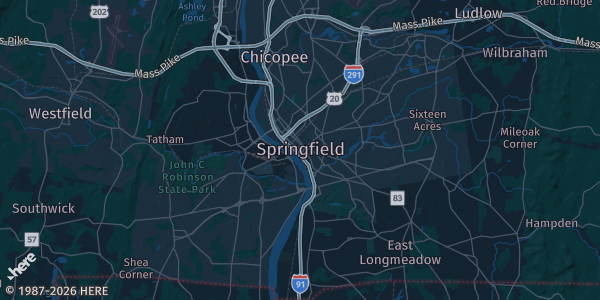 Map of Springfield, MA. The exact address of MGM is not known, so the map shows the area rather than a specific building.