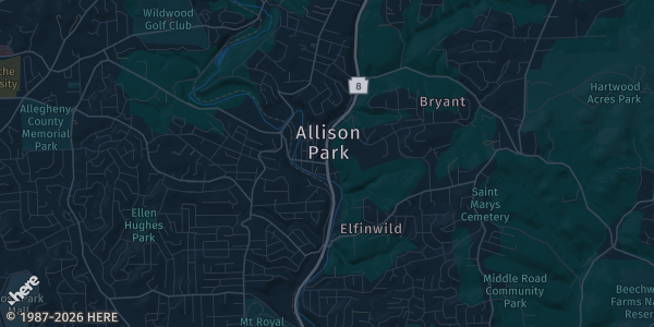Map of Allison Park, PA. The exact address of North Park Lodge is not known, so the map shows the area rather than a specific building.