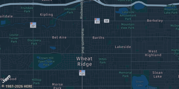 Map of Wheat Ridge, CO. The exact address of Wheat Ridge Center for Music and Arts is not known, so the map shows the area rather than a specific building.