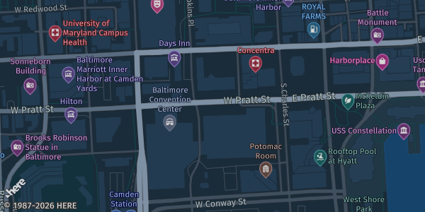 Map showing Baltimore Convention Center in MD.