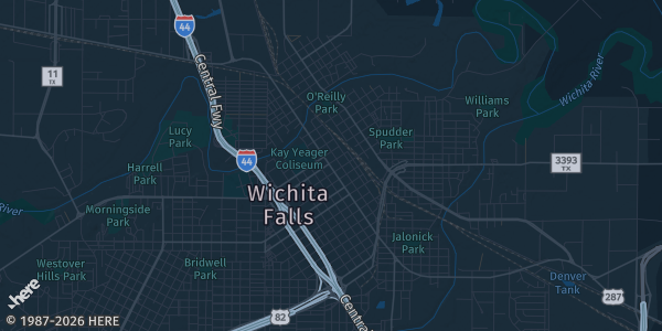 Map of Wichita Falls, TX. The exact address of Ray Clymer Exhibit Hall is not known, so the map shows the area rather than a specific building.