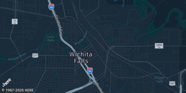 Map of Wichita Falls, TX. The exact address of Ray Clymer Exhibit Hall is not known, so the map shows the area rather than a specific building.