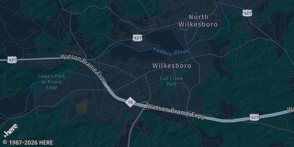 Map of Wilkesboro, NC. The exact address of Yadkin Valley Event Center is not known, so the map shows the area rather than a specific building.