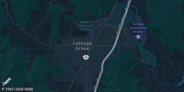 Map of Cottage Grove, OR. The exact address of Cottage Grove Elks 1904 is not known, so the map shows the area rather than a specific building.
