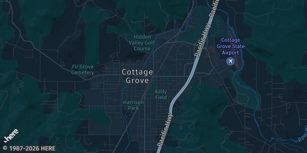 Map of Cottage Grove, OR. The exact address of Cottage Grove Elks 1904 is not known, so the map shows the area rather than a specific building.