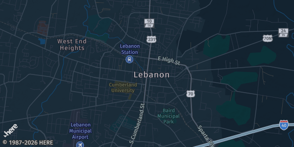 Map of Lebanon, TN. The exact address of James Ward Ag Center, Made in Tennessee Building is not known, so the map shows the area rather than a specific building.