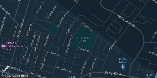 Map of Winchester, VA. The exact address of Friendship Fire Company is not known, so the map shows the area rather than a specific building.