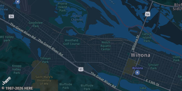 Map of Winona, MN. The exact address of American Legion Post # 9 is not known, so the map shows the area rather than a specific building.