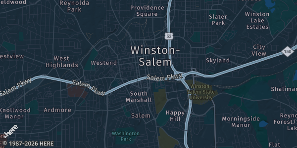 Map of Winston-Salem, NC. The exact address of Winston-Salem Fairgrounds (Education Building) is not known, so the map shows the area rather than a specific building.
