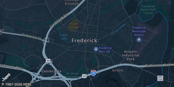Map of Frederick, MD. The exact address of Frederick Event Center is not known, so the map shows the area rather than a specific building.
