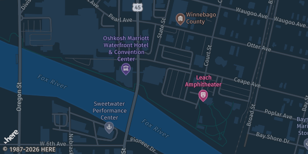 Map showing Oshkosh Convention Center in Oshkosh, WI.