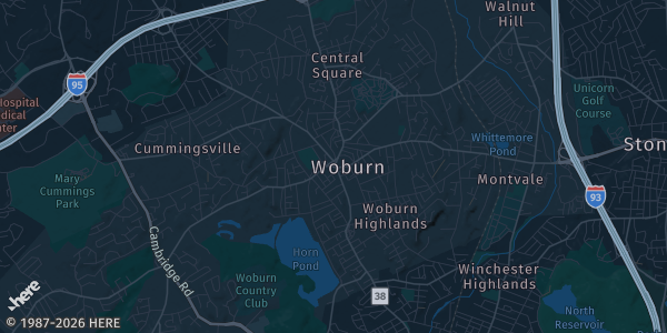 Map of Woburn, MA. The exact address of Best Western is not known, so the map shows the area rather than a specific building.