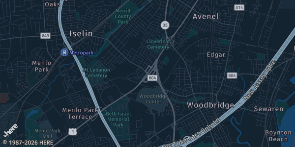 Map of Woodbridge, NJ. The exact address of Woodbridge Center is not known, so the map shows the area rather than a specific building.