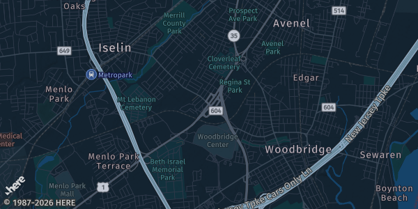 Map of Woodbridge, NJ. The exact address of Woodbridge Center is not known, so the map shows the area rather than a specific building.