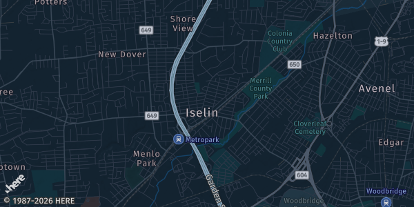 Map of Woodbridge Township / Iselin, NJ. The exact address of APA Hotel Woodbridge is not known, so the map shows the area rather than a specific building.