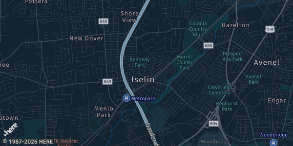 Map of Woodbridge Township / Iselin, NJ. The exact address of APA Hotel Woodbridge is not known, so the map shows the area rather than a specific building.