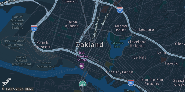 Map of Oakland, CA. The exact address of Oakland Marriott City Center is not known, so the map shows the area rather than a specific building.