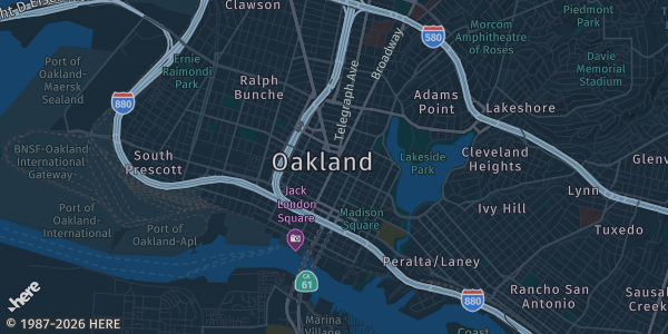 Map of Oakland, CA. The exact address of Oakland Marriott City Center is not known, so the map shows the area rather than a specific building.
