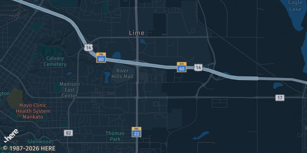 Map of Mankato, MN. The exact address of Wow Zone is not known, so the map shows the area rather than a specific building.